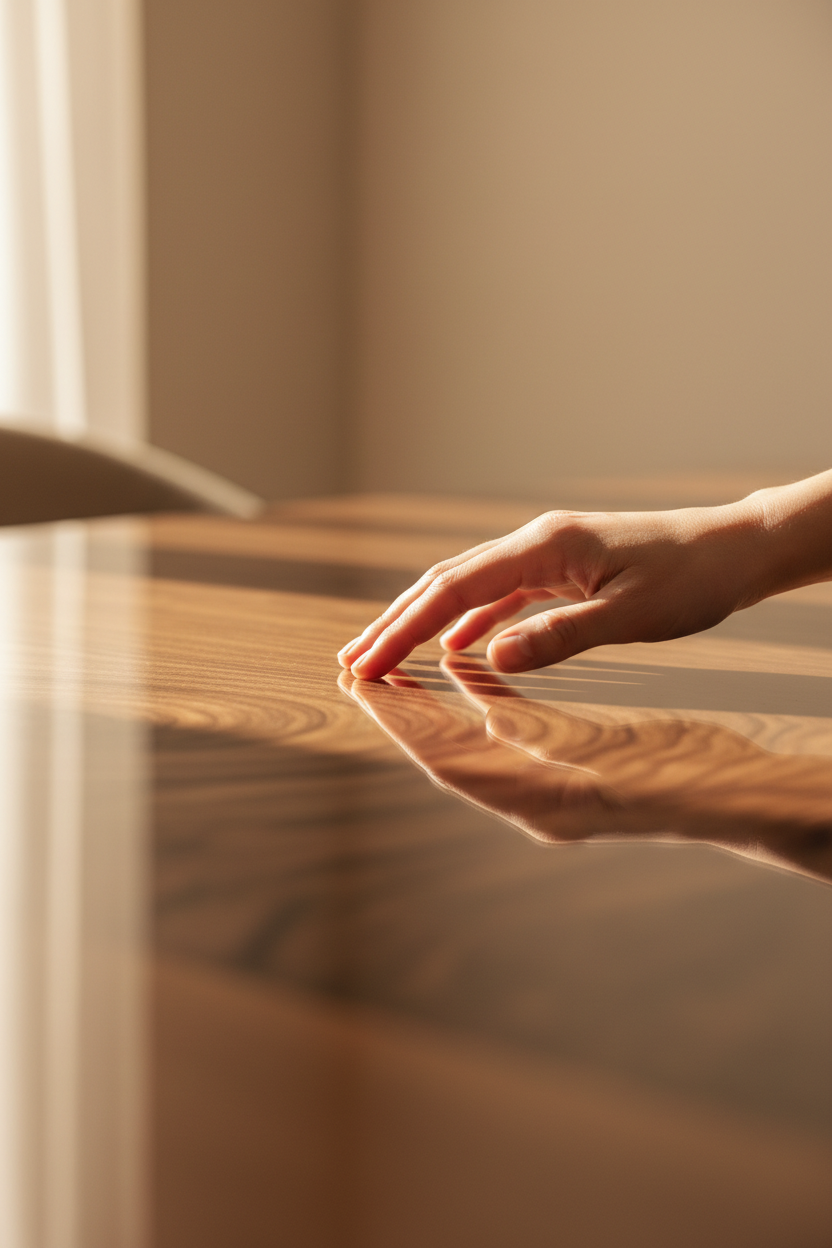 Hand touching high-gloss wood surface