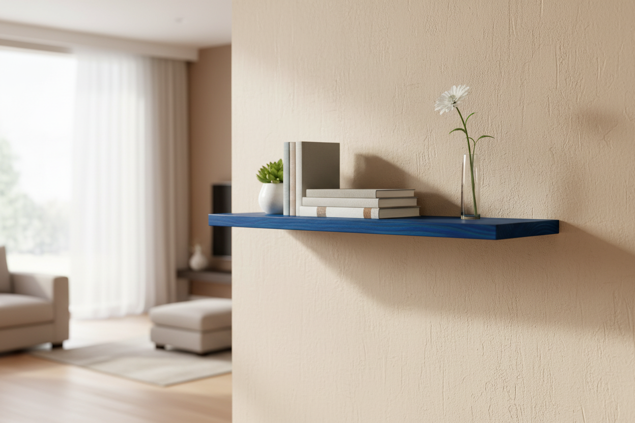 Lifestyle interior with blue floating shelf