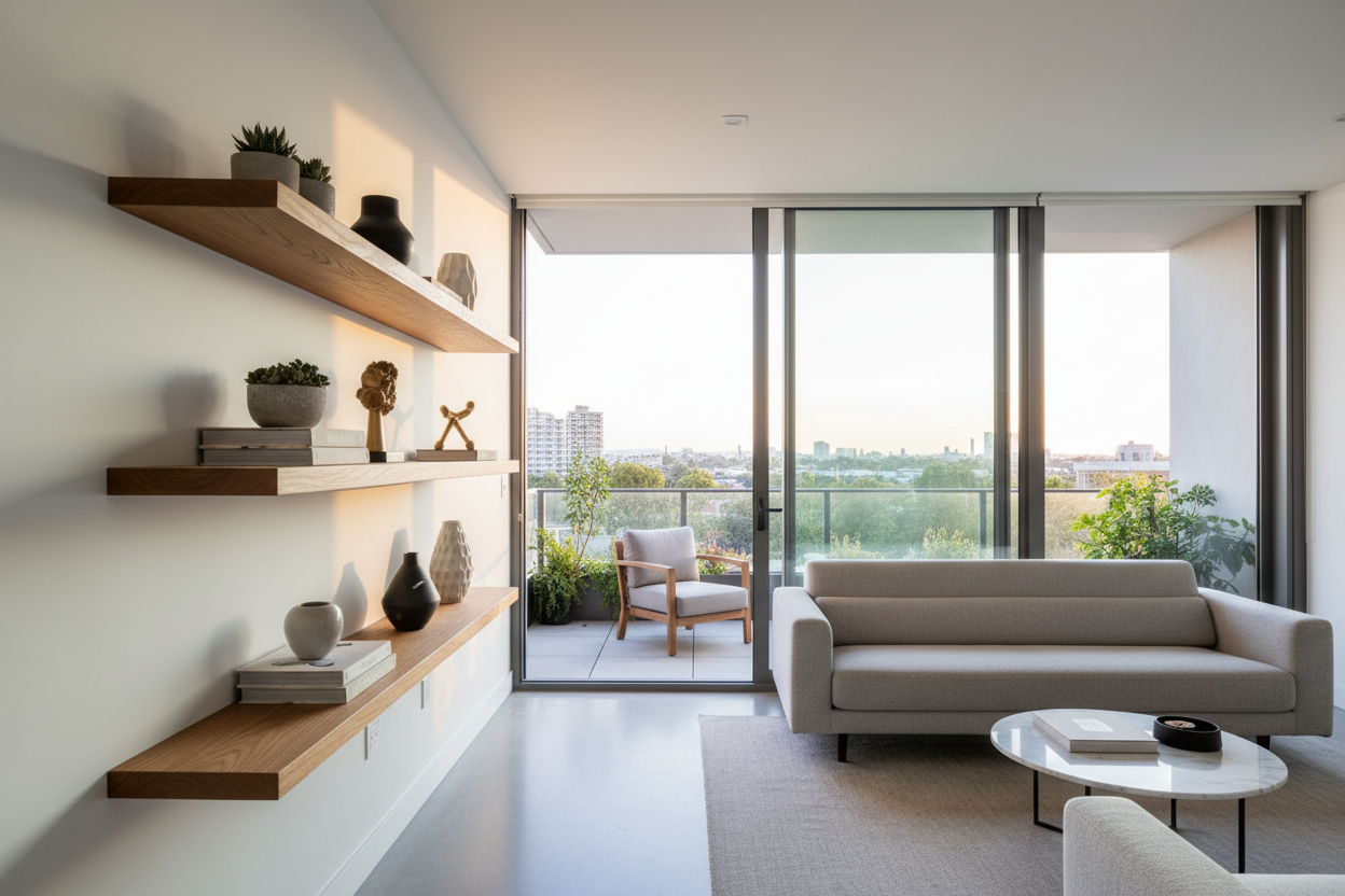 Modern room with balcony and floating shelves